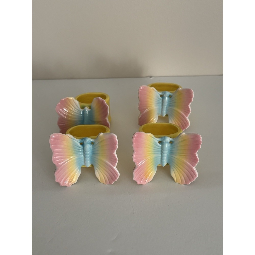 FITZ AND FLOYD Vintage Pastel Rainbow Butterfly Napkin Rings Set 4 Ceramic